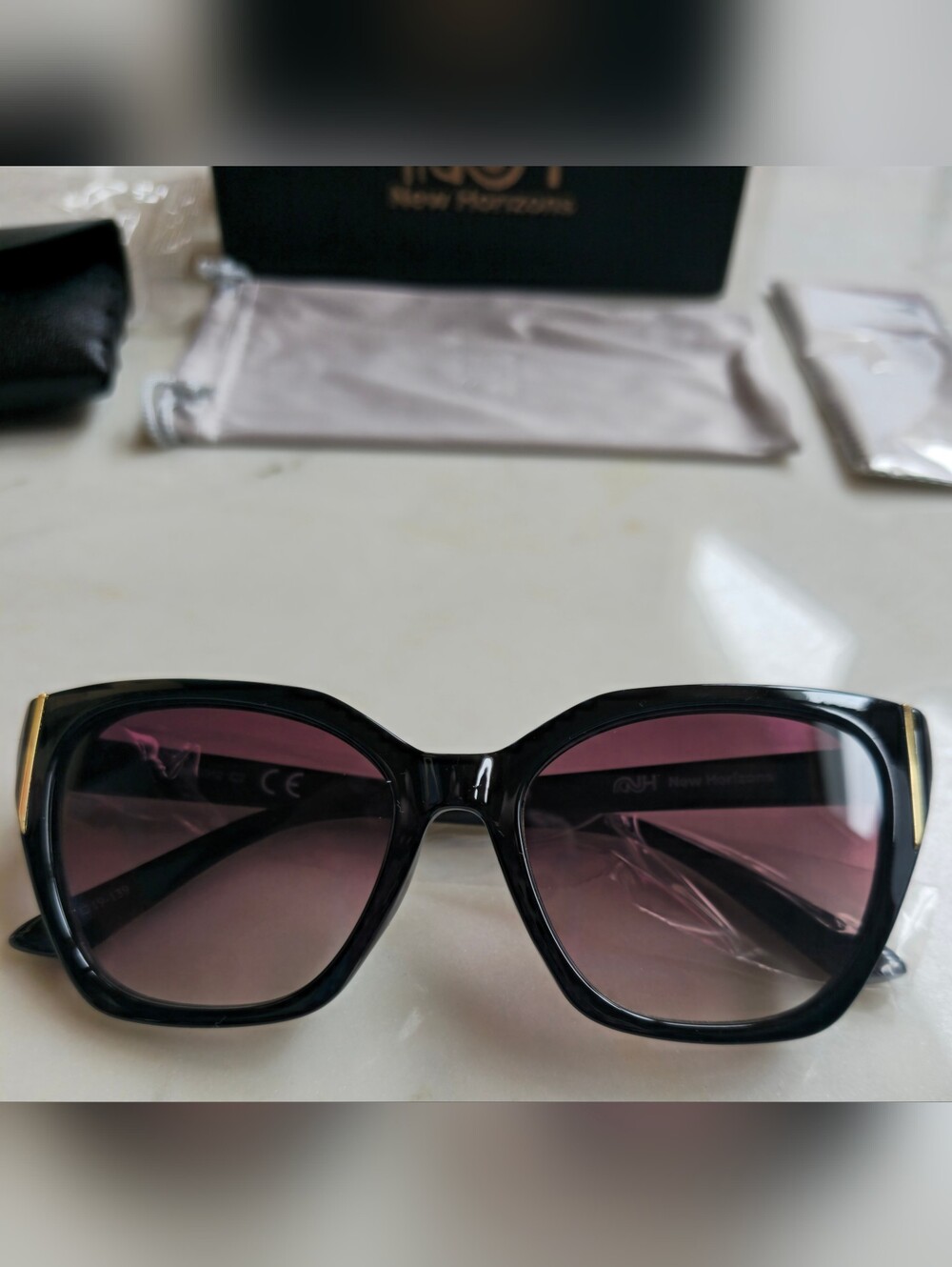 NWT New Horizons Cateye Black Acetate Sunglasses With Gold Accents